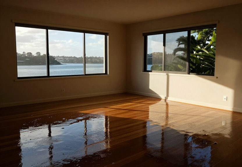 Flooded living room in Woronora Heights before restoration